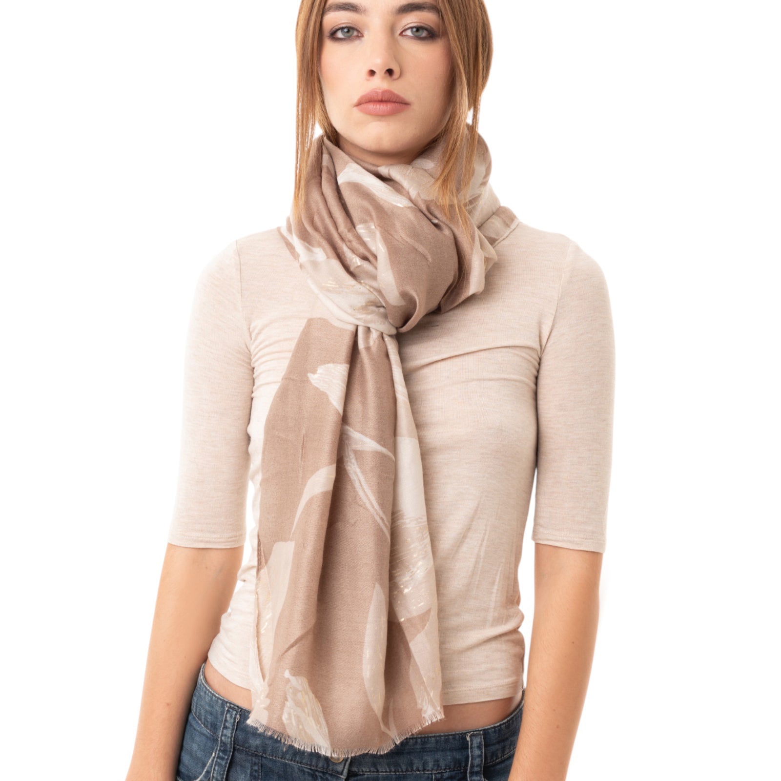 Sciarpa in cotone fango con stampa a fiori beige - Mya Accessories