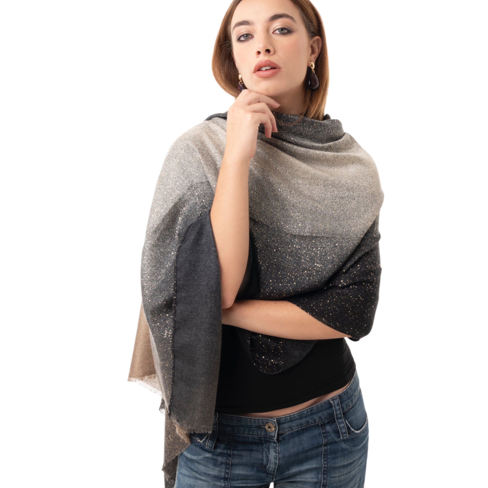 Sciarpa in cotone con stampa sfumata sui toni del nero con glitter - Mya Accessories
