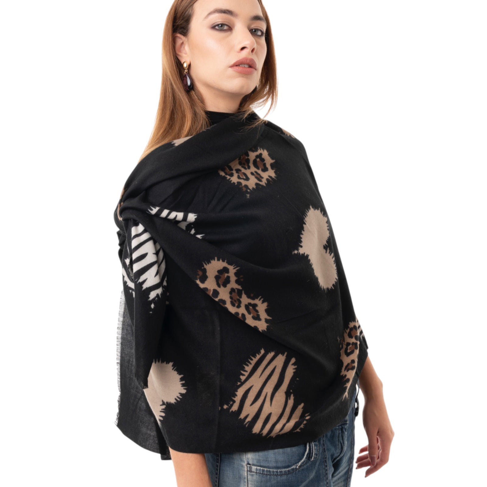 Sciarpa in lana nera con stampa a cuori animalier - Mya Accessories