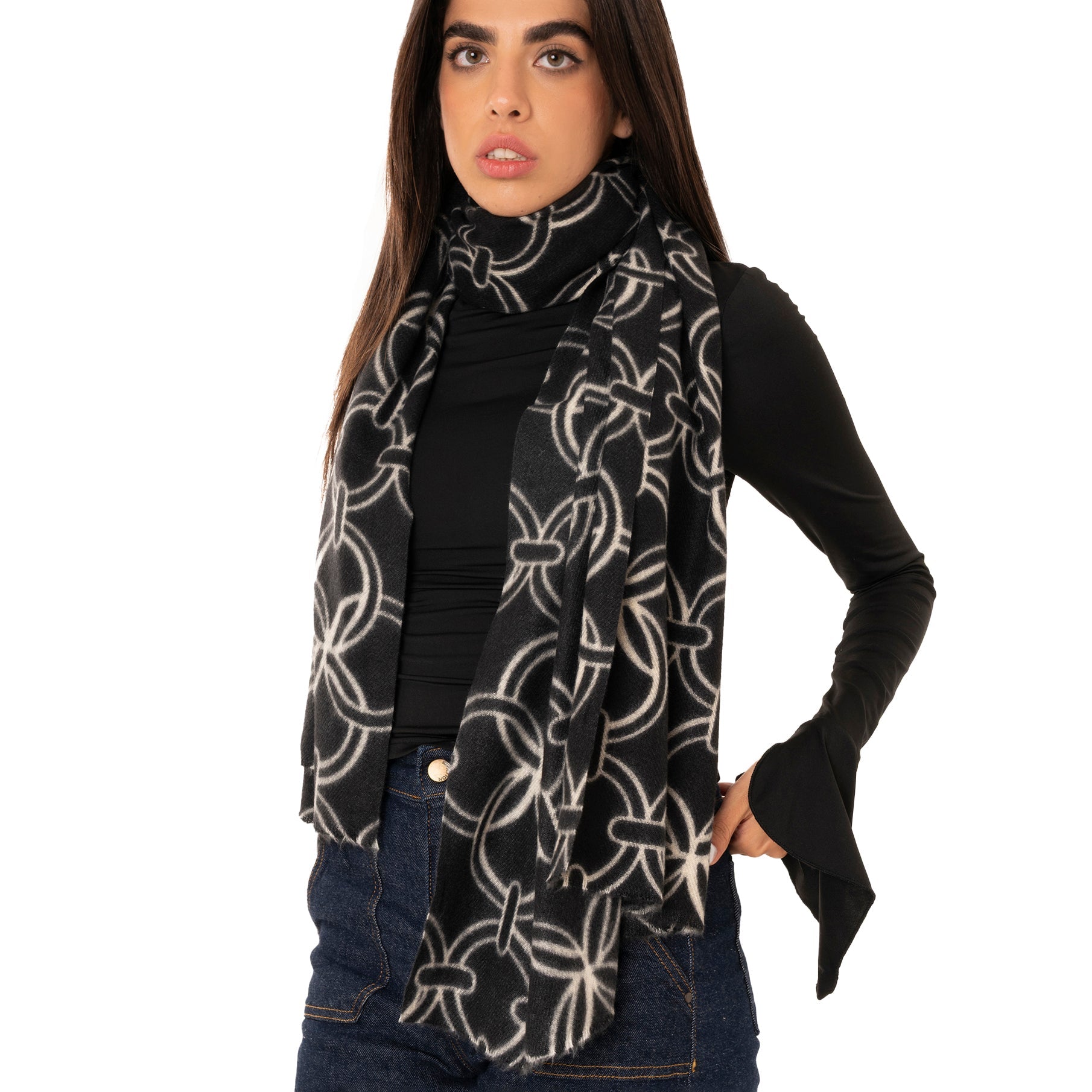 Sciarpa in lana nera con stampa simmetrica bianca - Mya Accessories