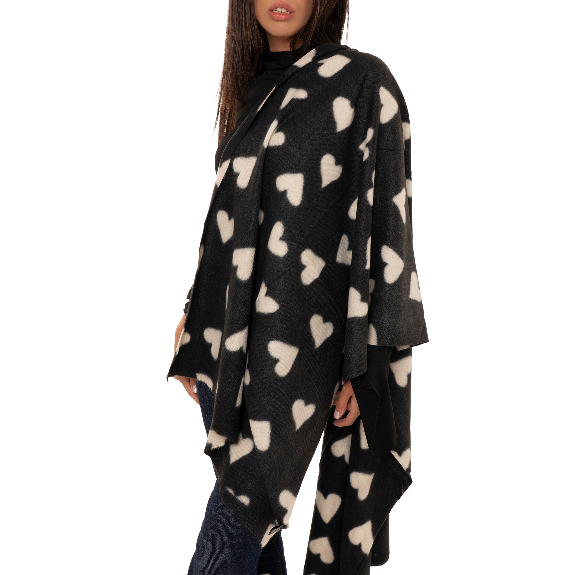 Sciarpa in lana nera con stampa a cuori bianchi - Mya Accessories