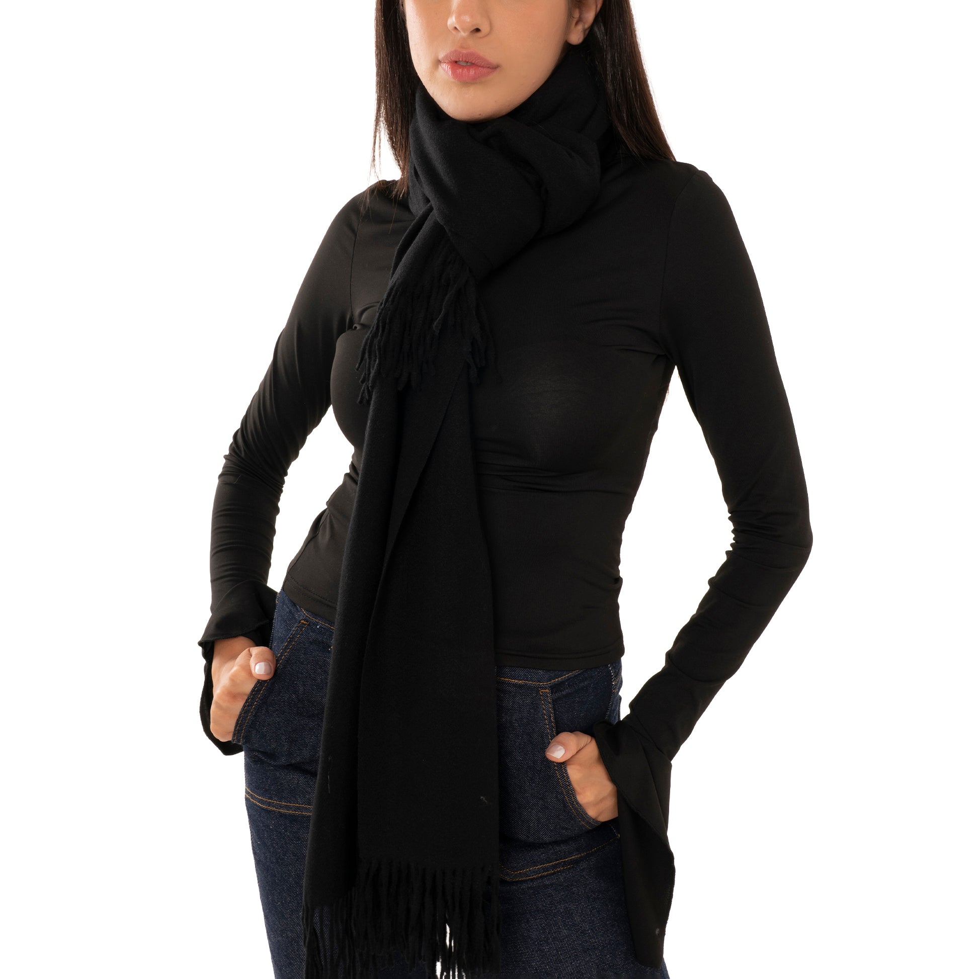 Sciarpa in cashmere a tinta unita nera con frange - Mya Accessories