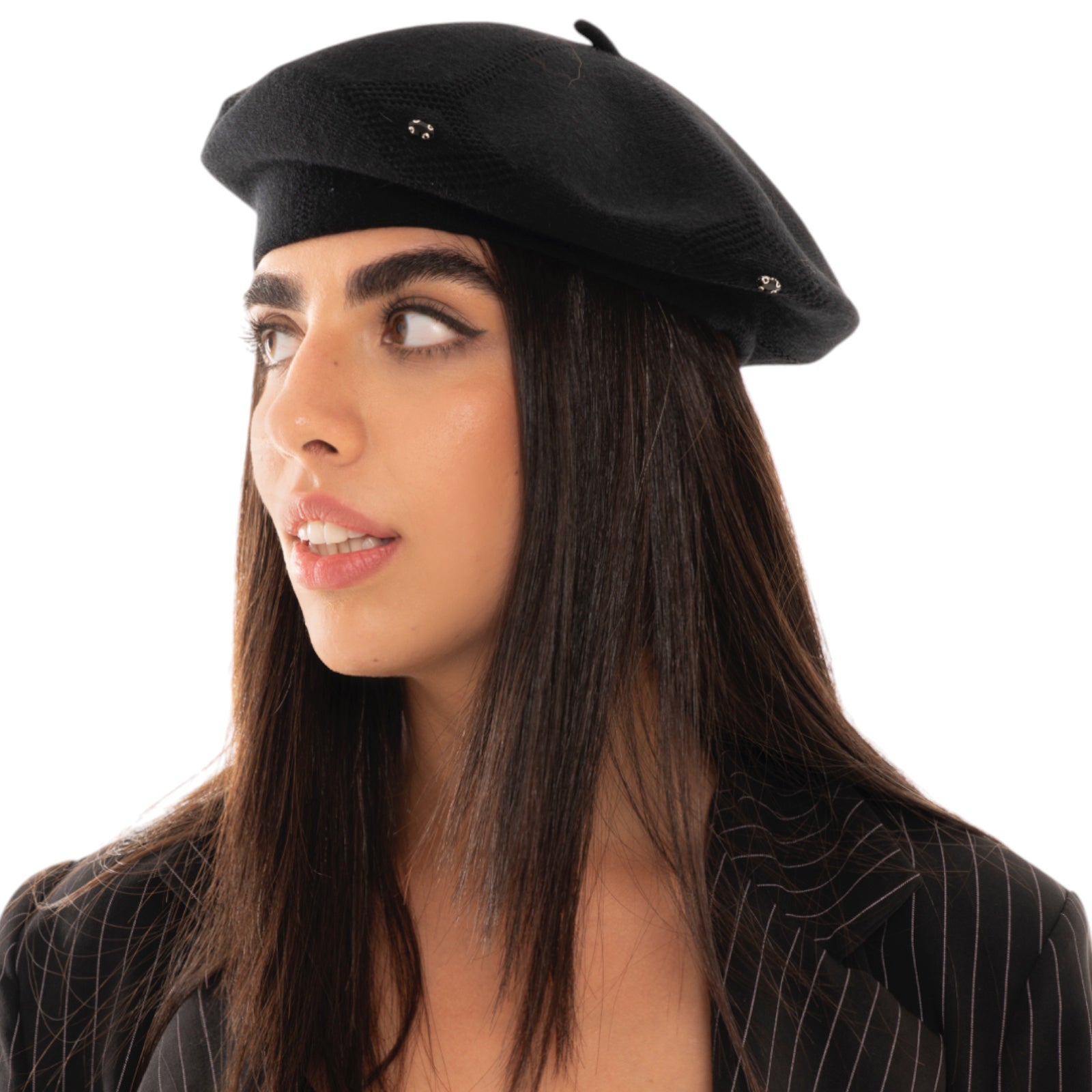 Cappello a basco in lana a tinta unita nera con pietre crystal - Mya Accessories