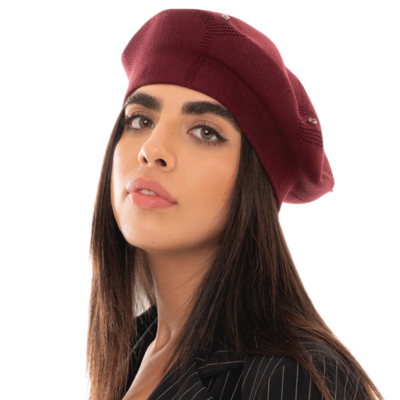 Cappello a basco in lana a tinta unita bordeaux con pietre crystal - Mya Accessories