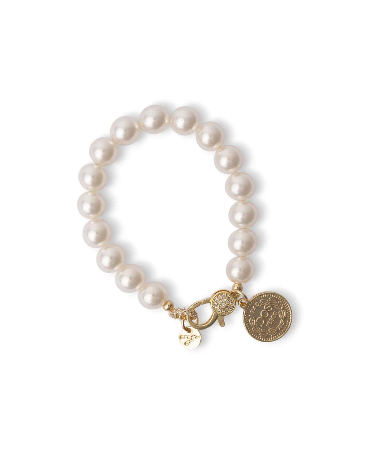 Bracciale elastico con sfere in vetro perlate e medaglietta in metallo - Mya Accessories