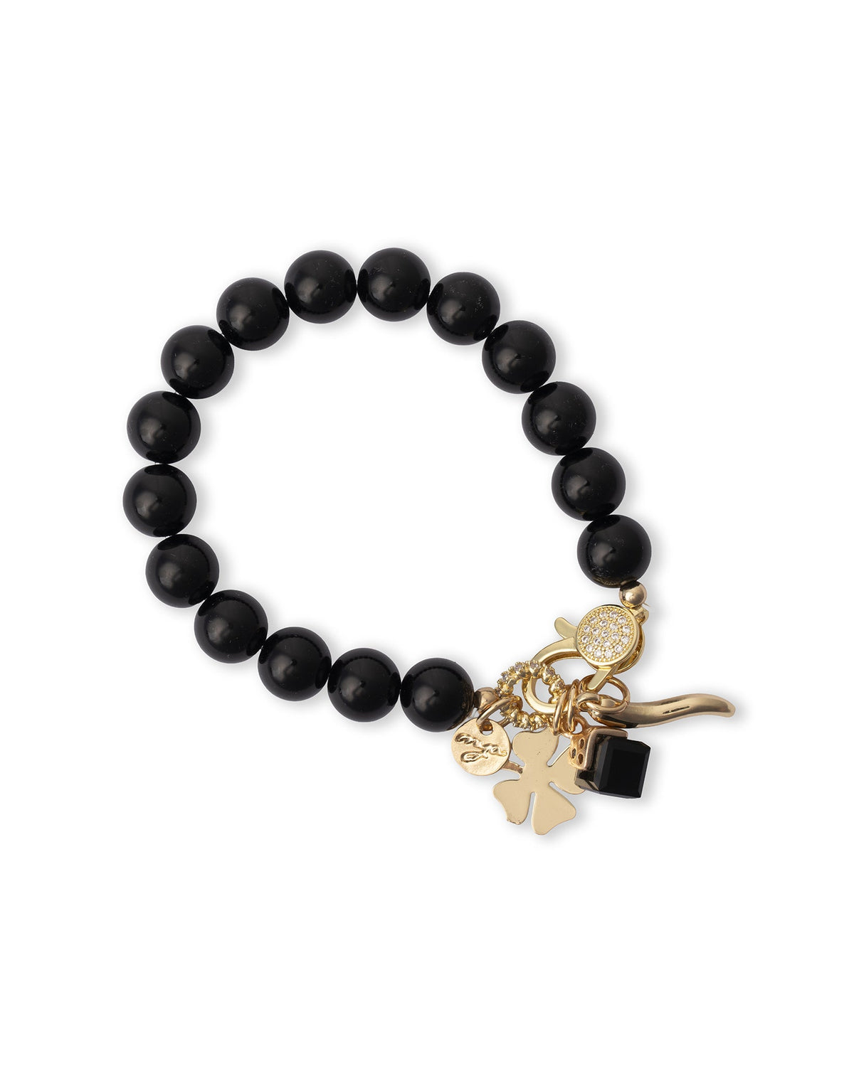 Bracciale con sfere in vetro nere e charms pendenti in metallo - Mya Accessories