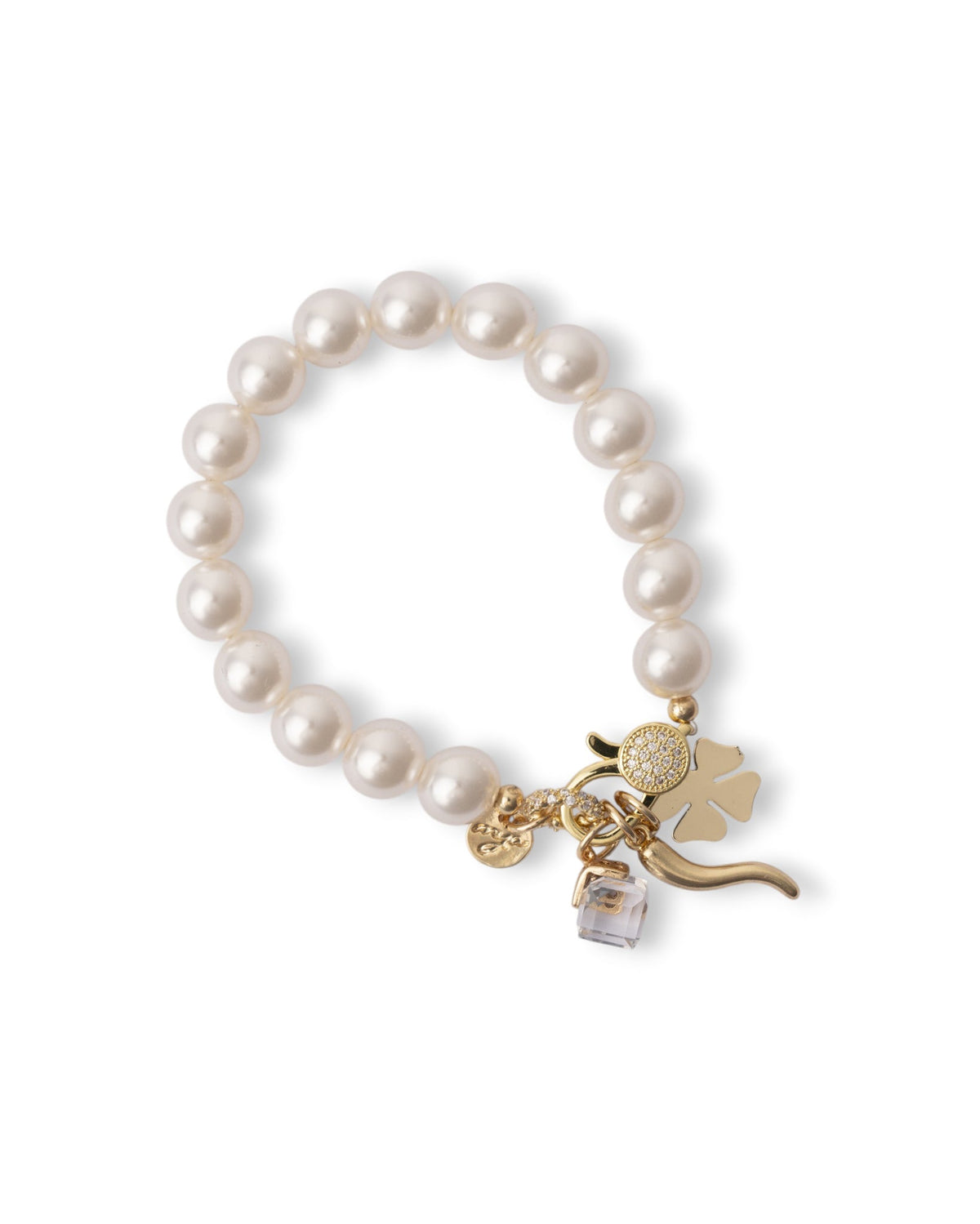 Bracciale con sfere in vetro perlate e charms pendenti in metallo - Mya Accessories