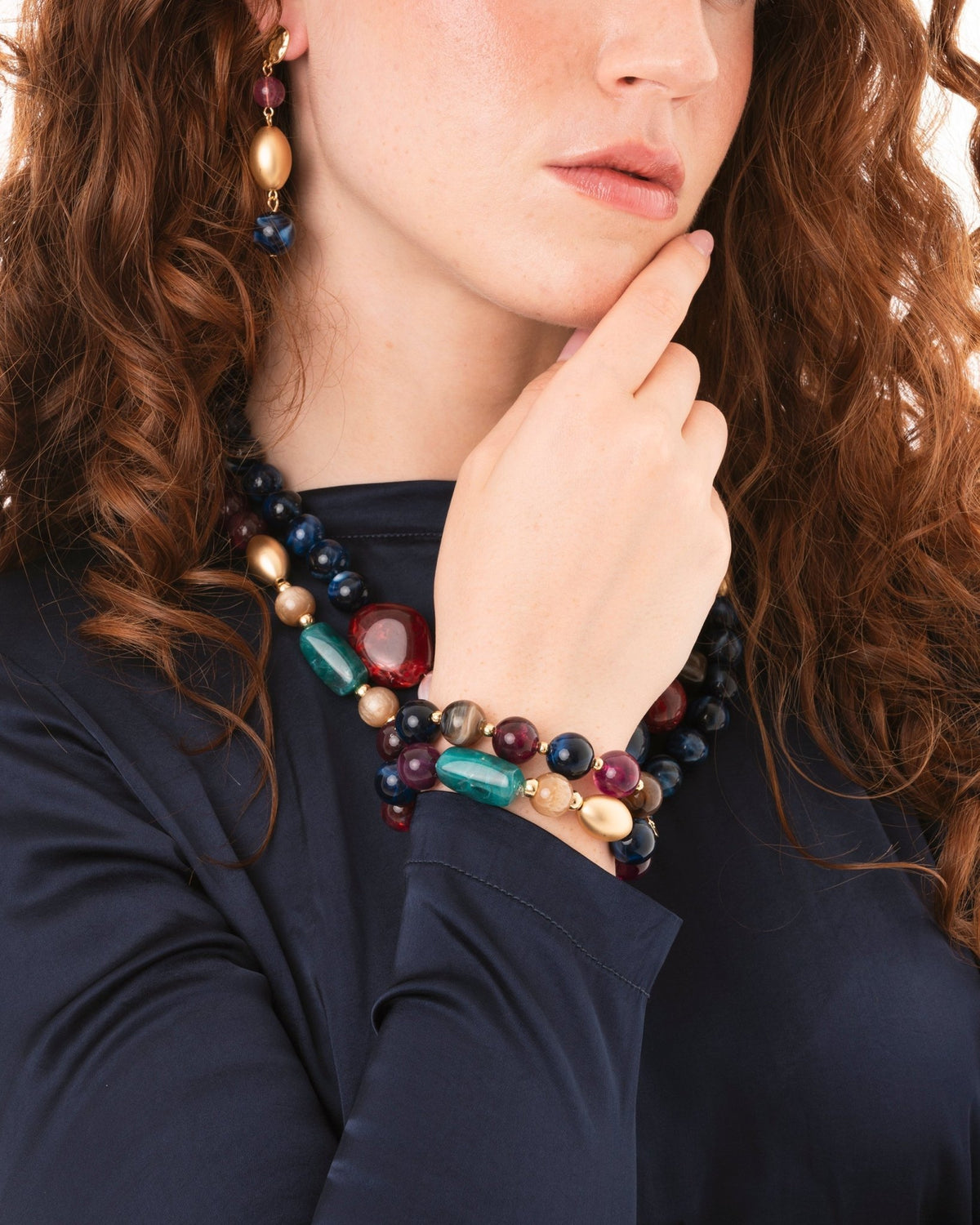 Bracciale elastico a due fili con pietre in acrilico blu e viola - Mya Accessories
