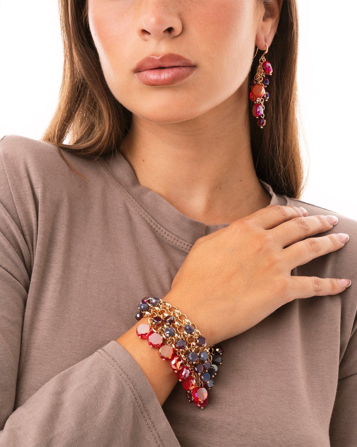 Bracciale a catena con pietre pendenti in vetro tono viola e rosso - Mya Accessories
