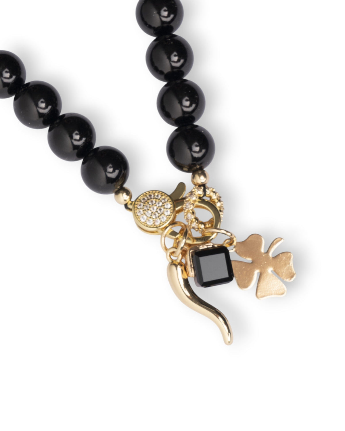 Collana girocollo con pietre in vetro nere e charms pendenti in metallo - Mya Accessories