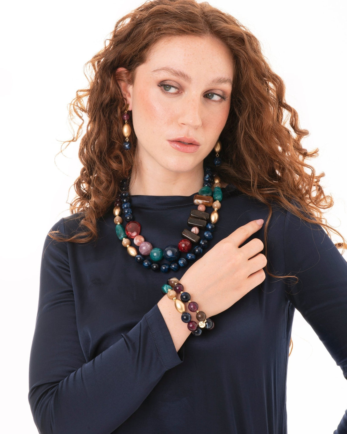 Collana a due fili con pietre in acrilico blu e viola - Mya Accessories