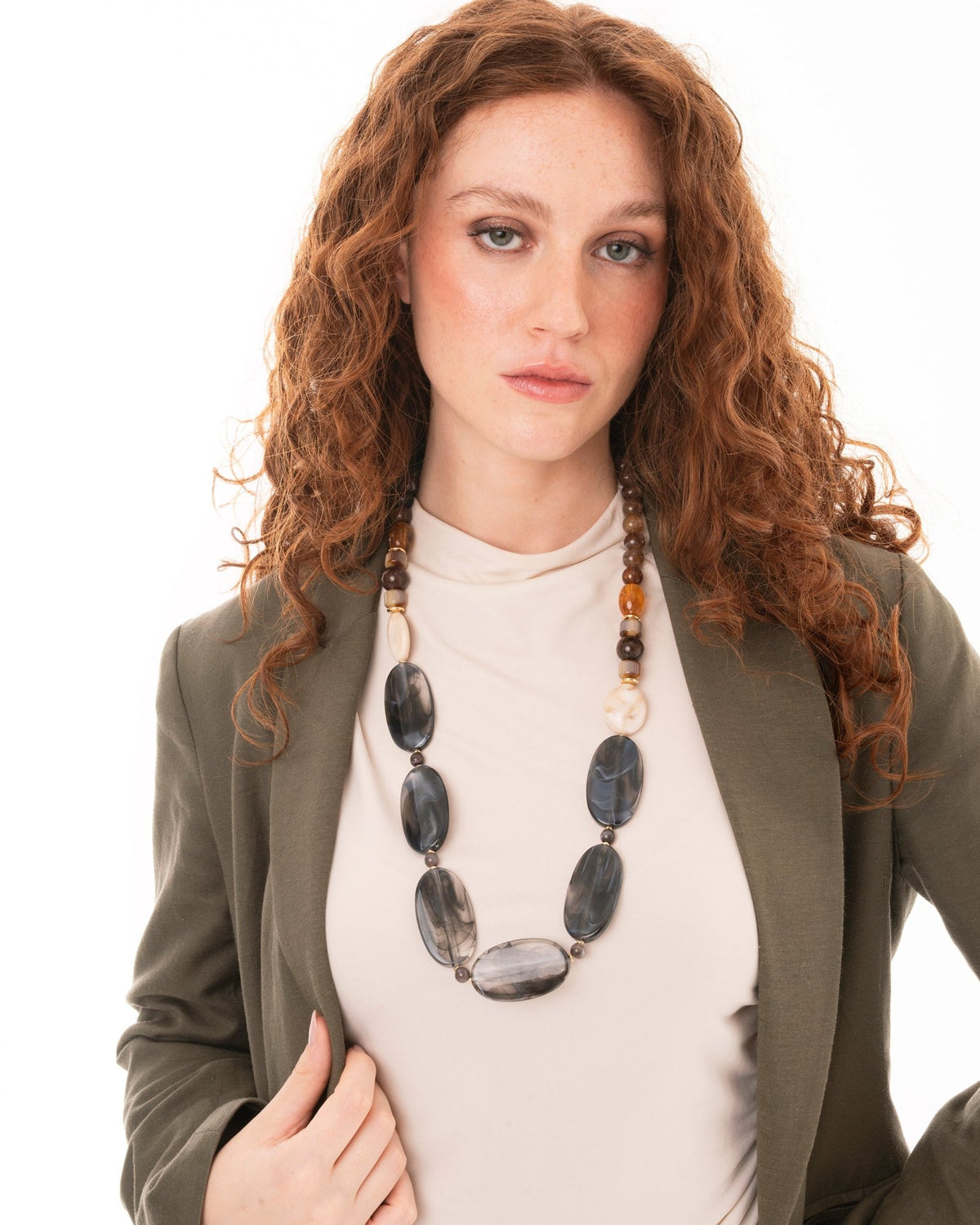 Collana lunga con pietre in acrilico e resina marrone e grigio - Mya Accessories