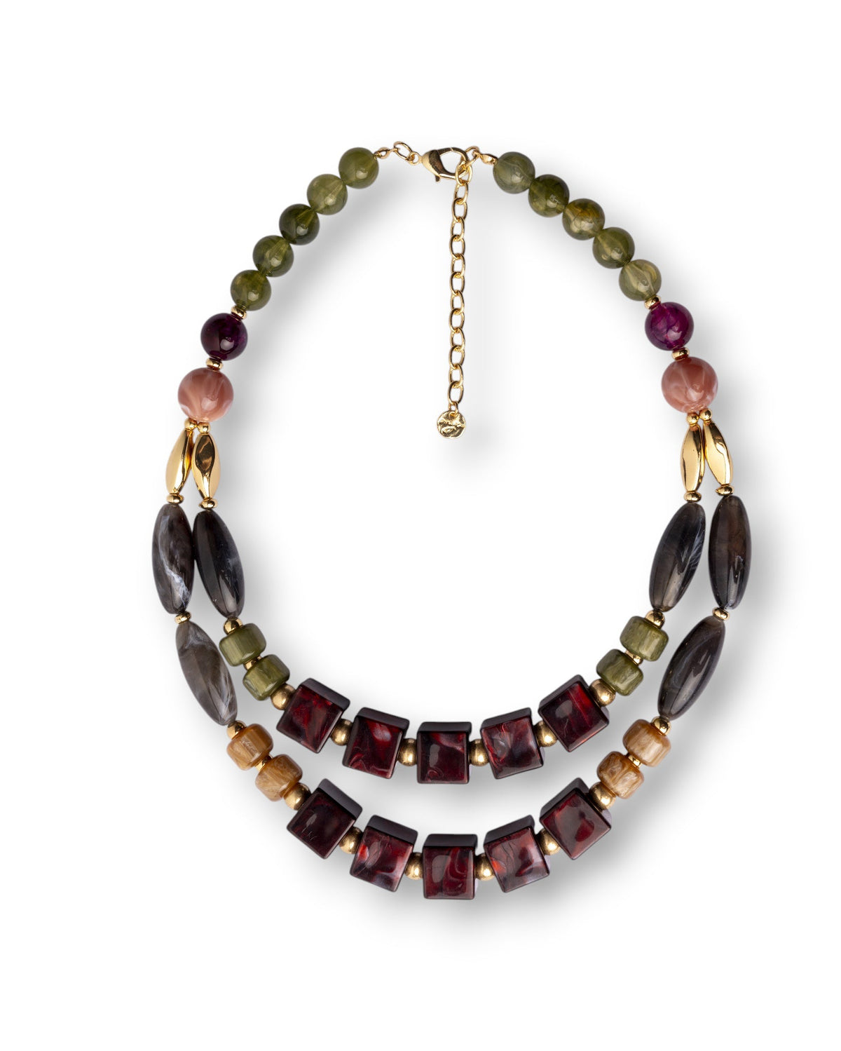 Collana due fili con pietre in acrilico e resina tono rosso e verde - Mya Accessories