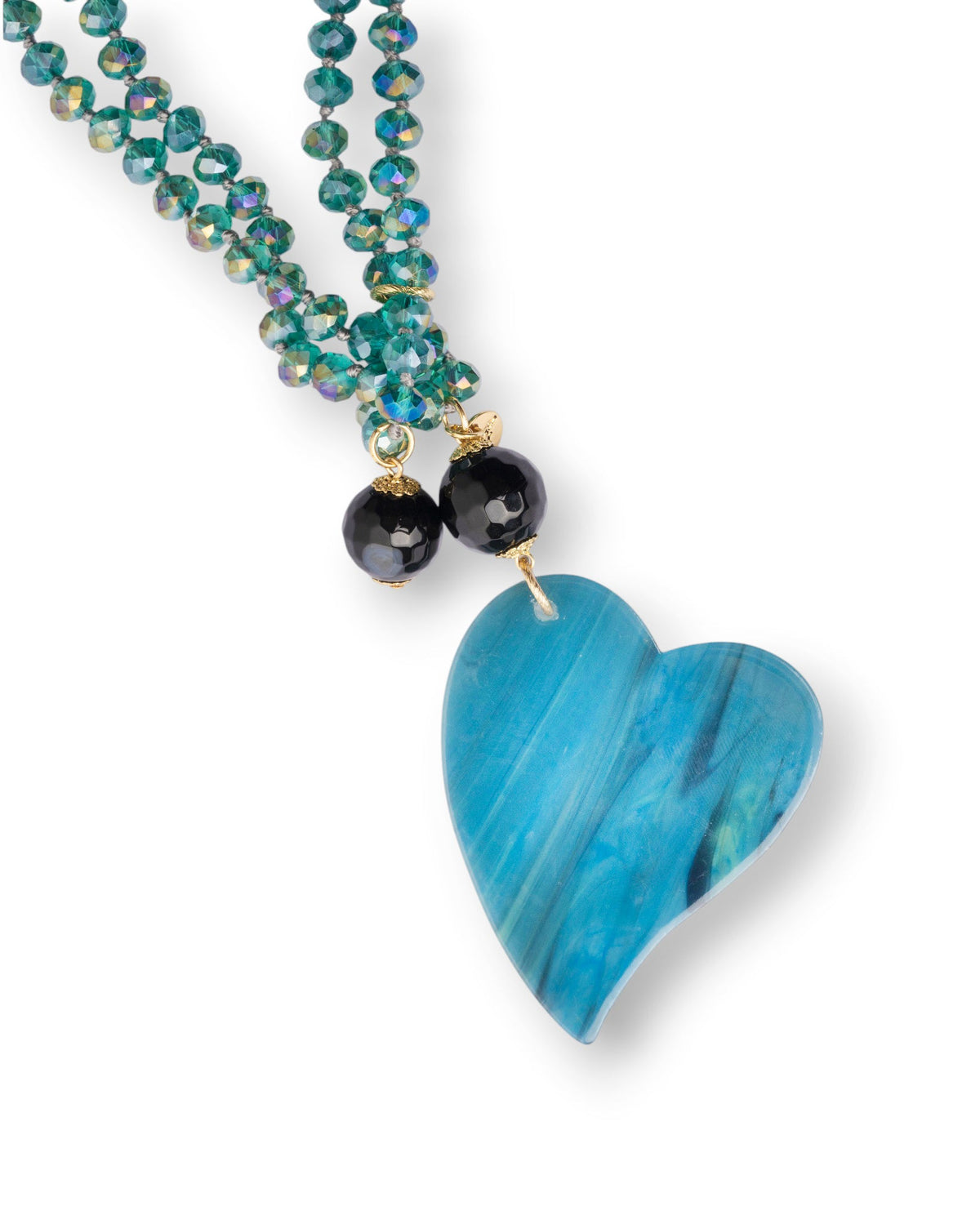 Collana lunga a due fili con pietre in vetro petrolio e pendente a cuore - Mya Accessories