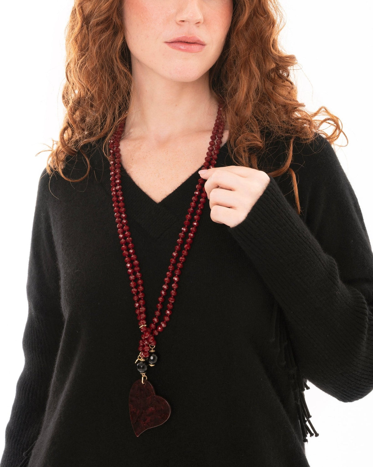 Collana lunga a due fili con pietre in vetro bordeaux e pendente a cuore - Mya Accessories