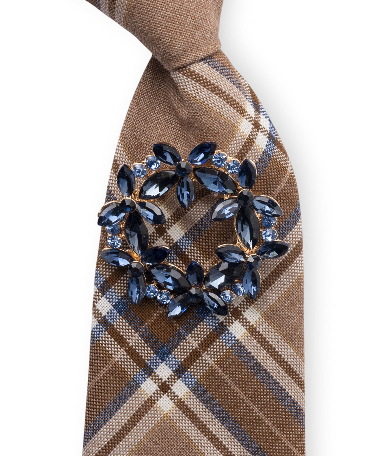 Cravatta tartan beige/marrone elastica con spilla in vetro azzurra - Mya Accessories