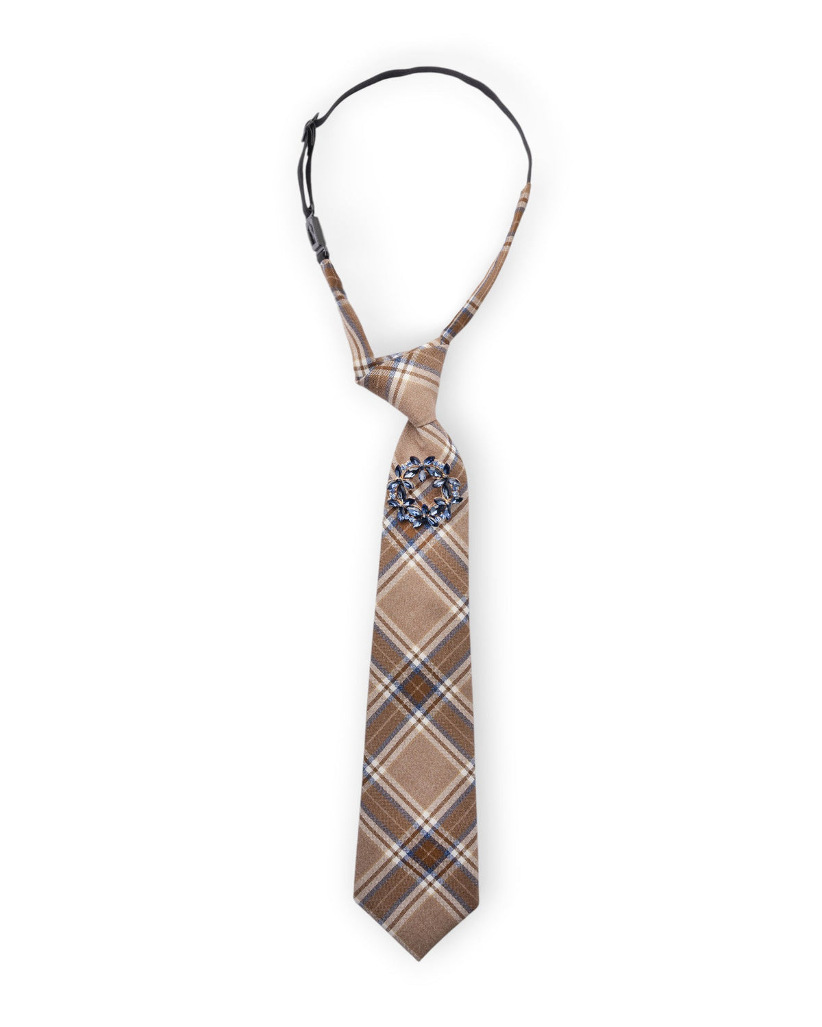 Cravatta tartan beige/marrone elastica con spilla in vetro azzurra - Mya Accessories