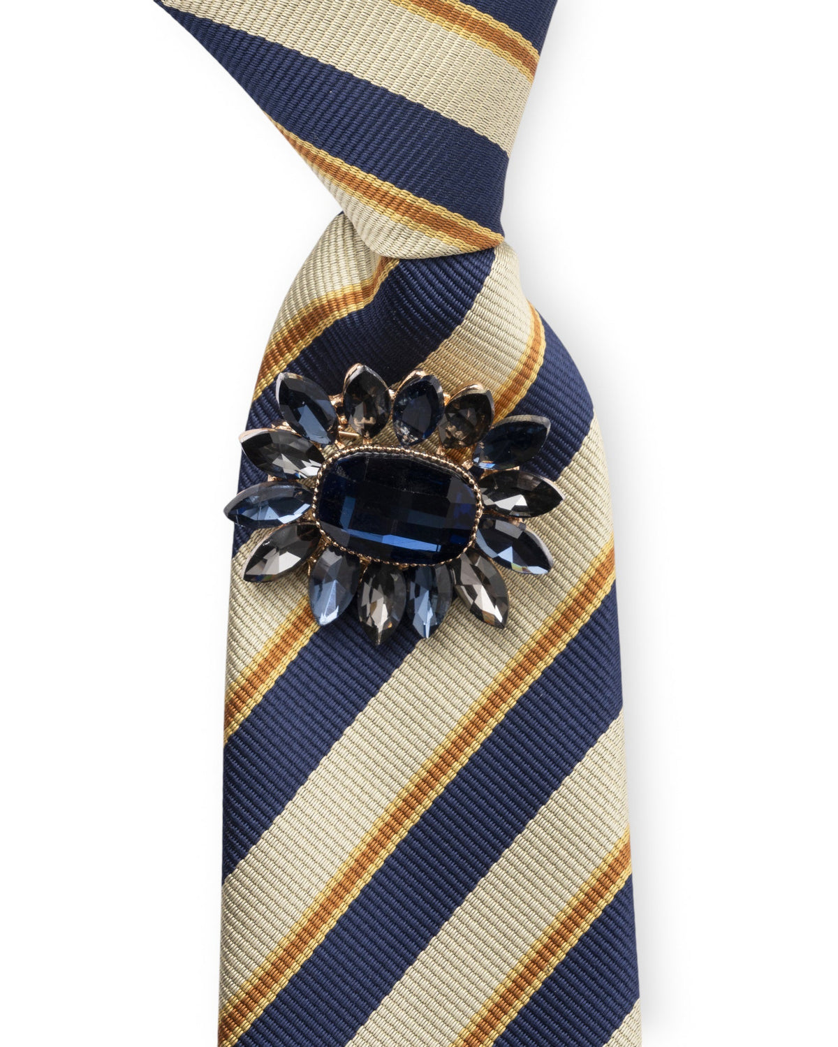 Cravatta elastica rigata blu e beige con spilla in vetro a fiore blu - Mya Accessories
