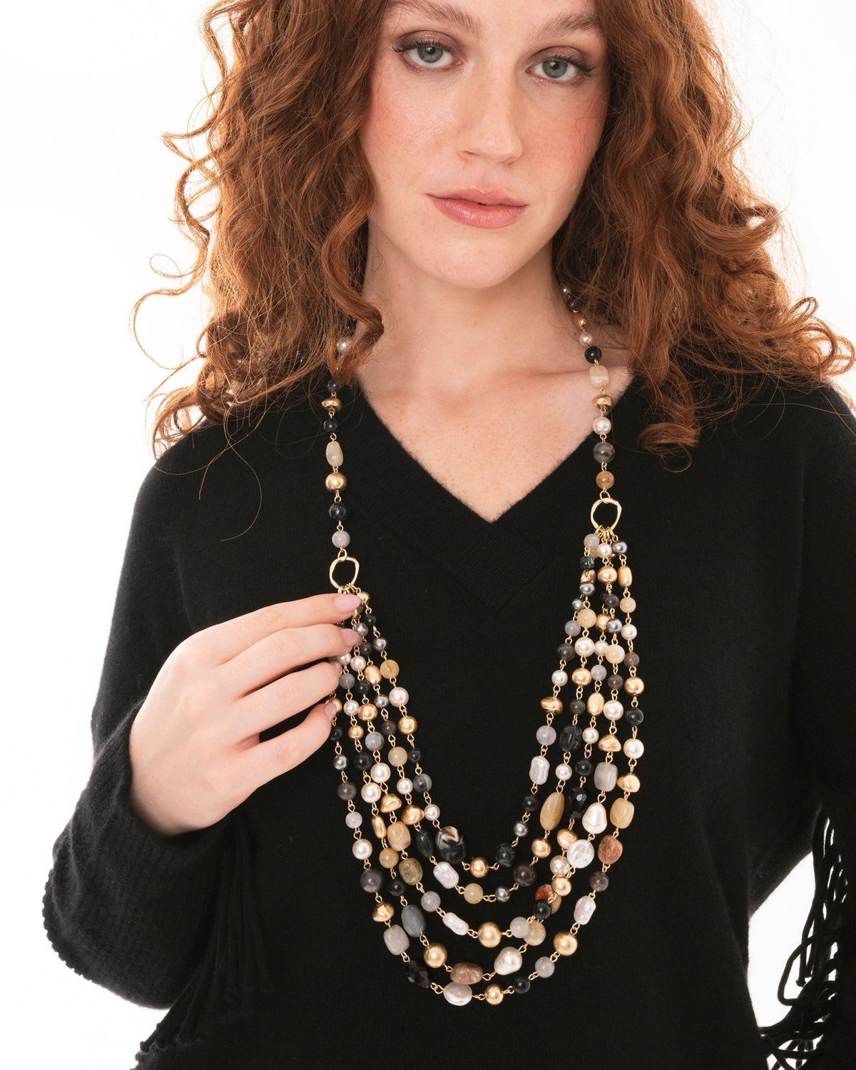 Collana girocollo multi filo con pietre in acrilico e vetro tono beige e nero - Mya Accessories