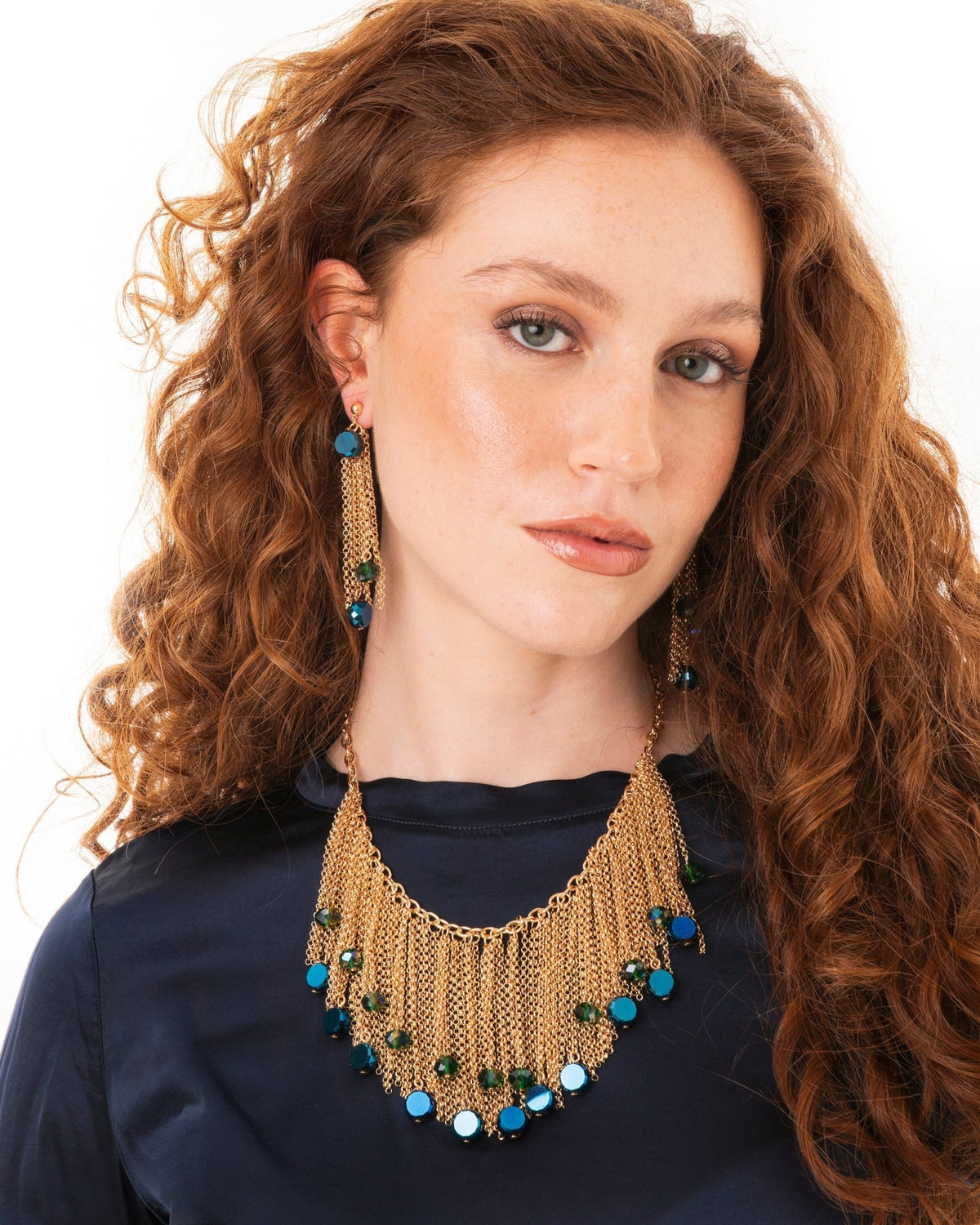 Collana girocollo con cascata a catena e pietre in vetro tono blu - Mya Accessories