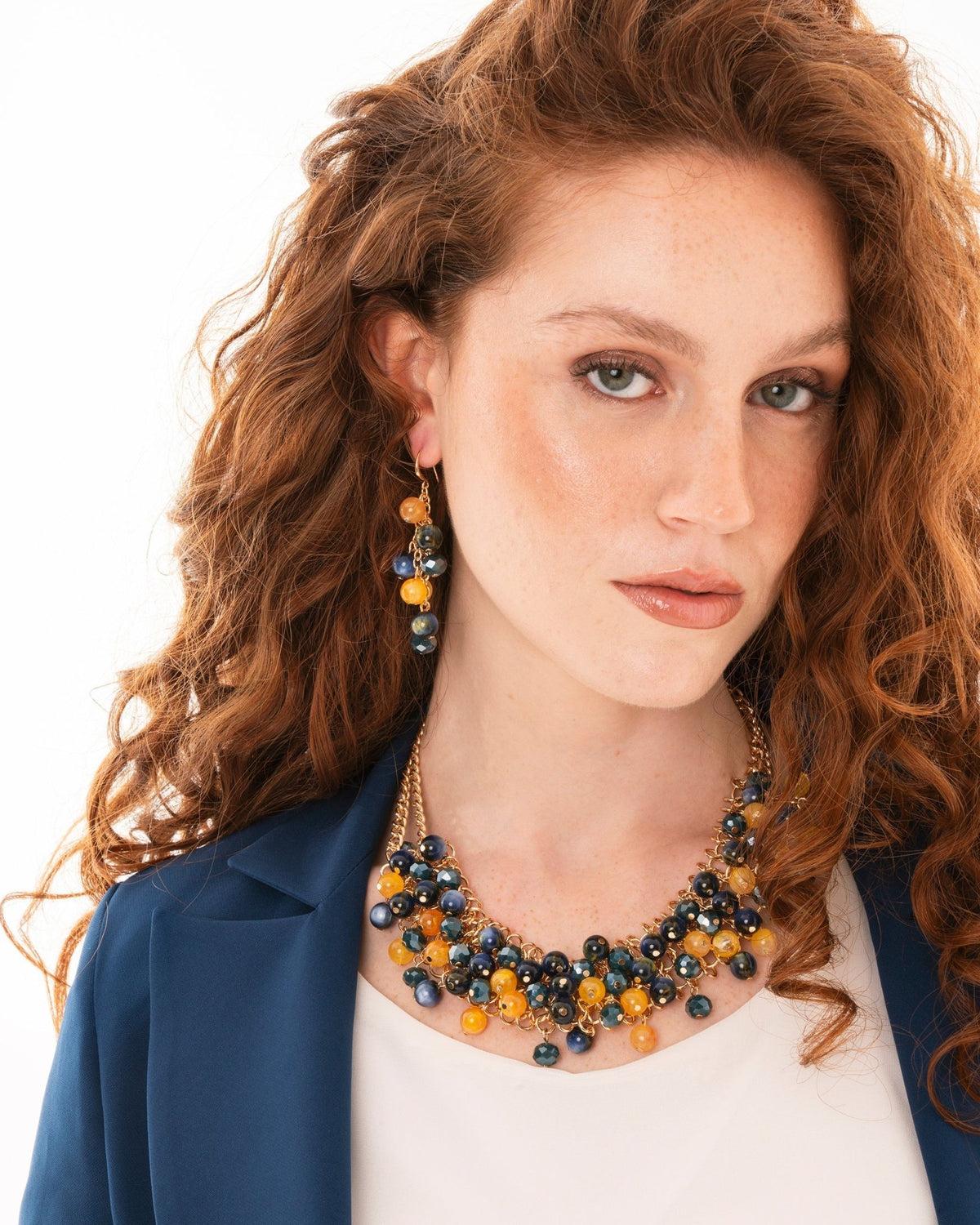 Collana girocollo a due fili con sfere in vetro ed acrilico gialle e blu - Mya Accessories
