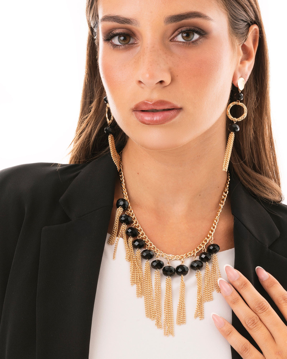 Collana girocollo a catena con pietre nere in vetro e frange pendenti - Mya Accessories