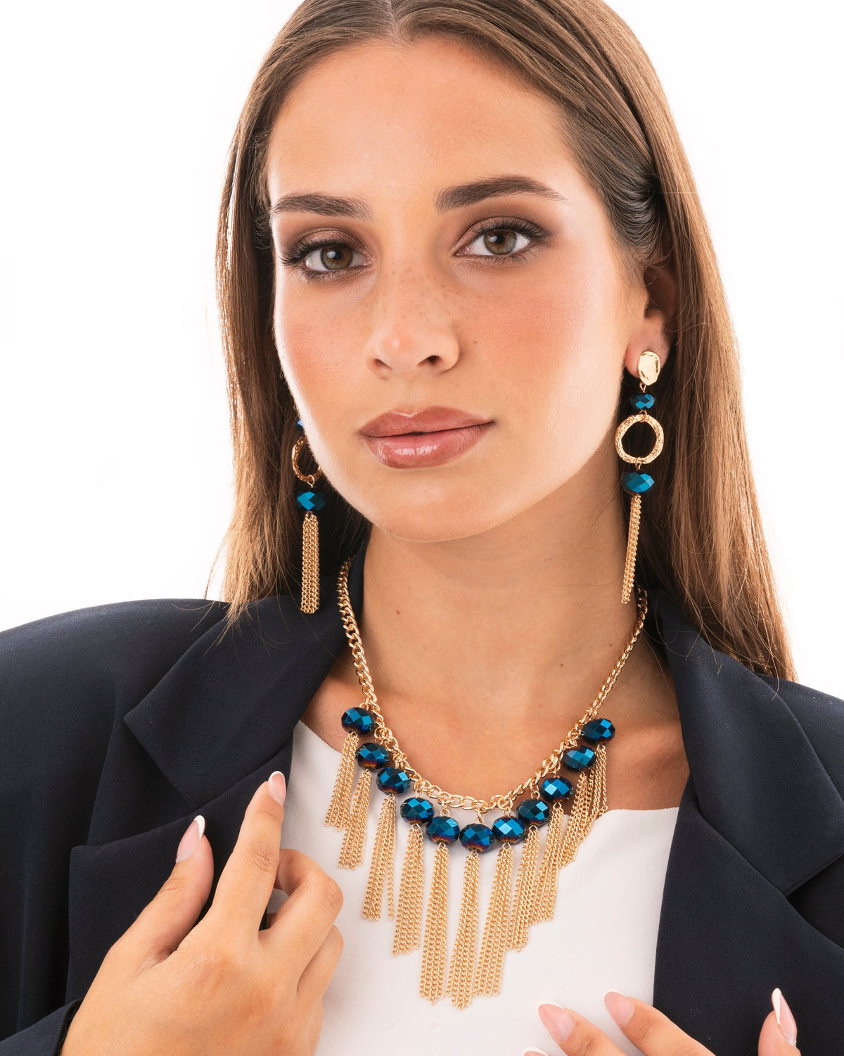Collana girocollo a catena con pietre blu in vetro e frange pendenti - Mya Accessories