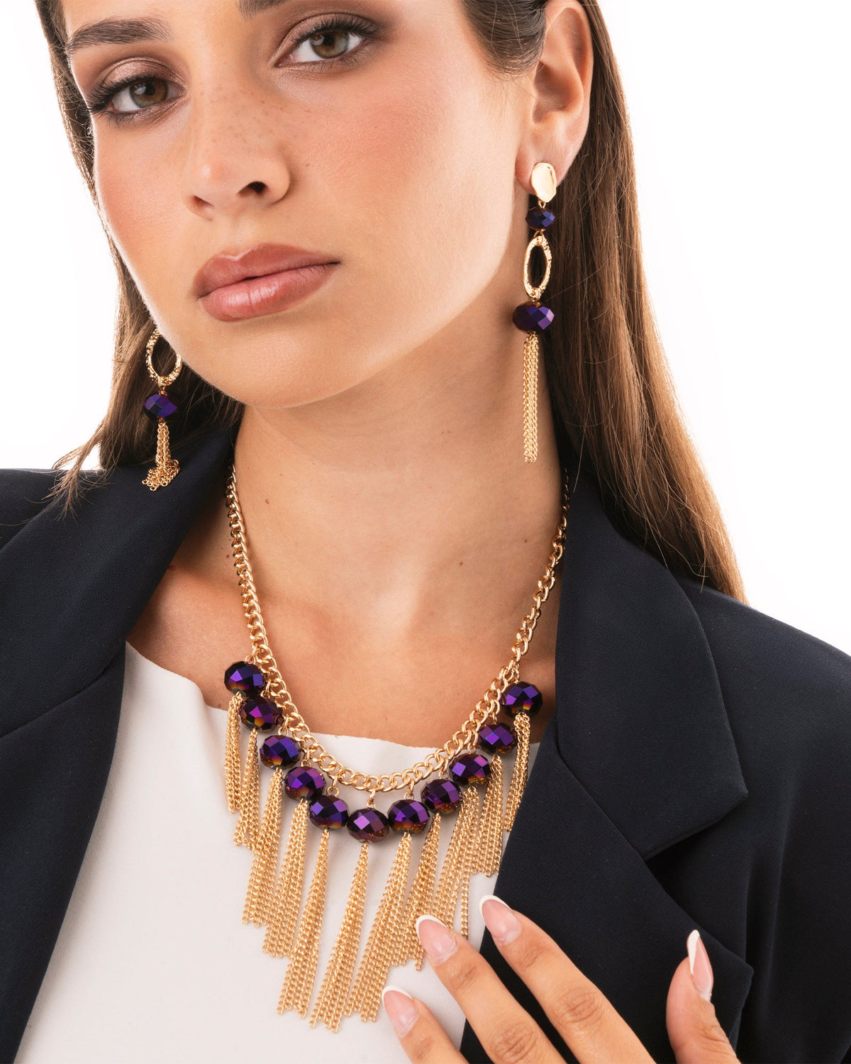 Collana girocollo a catena con pietre viola in vetro e frange pendenti - Mya Accessories