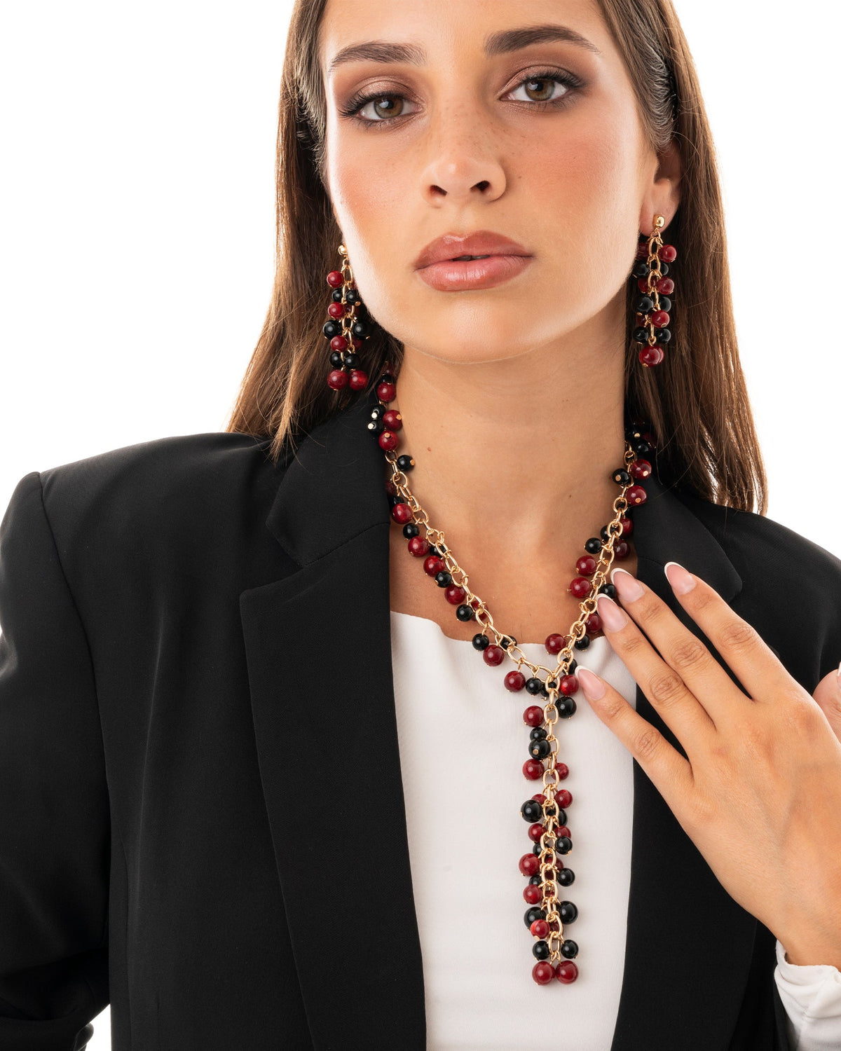 Collana girocollo a catena con sfere pendenti in acrilico nere e rosse - Mya Accessories