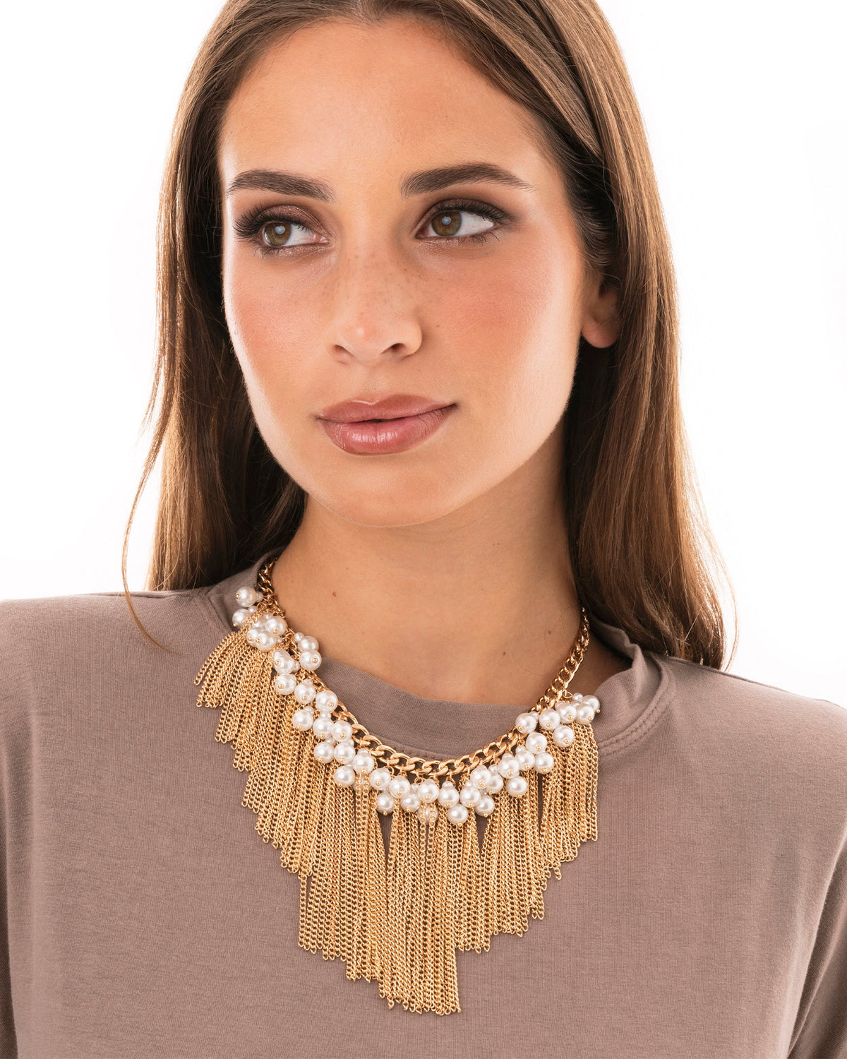 Collana girocollo a catena con sfere in vetro effetto perlato e frange pendenti - Mya Accessories