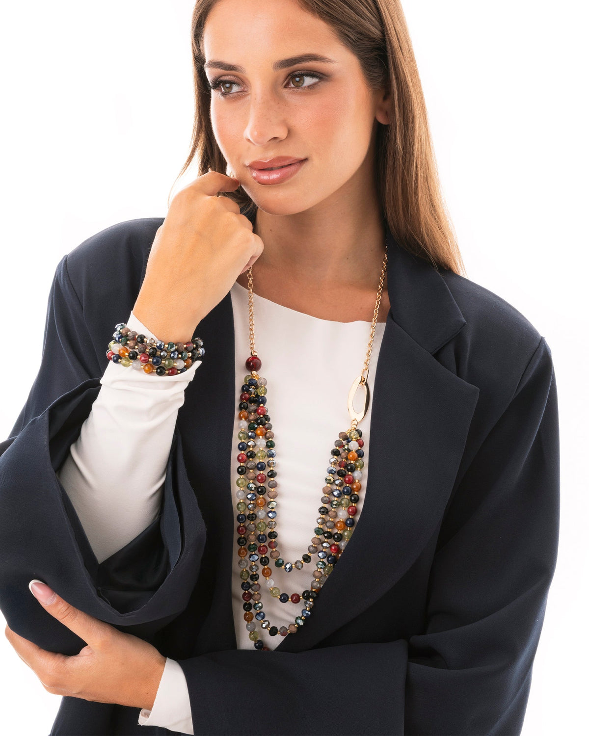 Collana lunga a catena con multi fili di pietre in acrilico multicolore - Mya Accessories