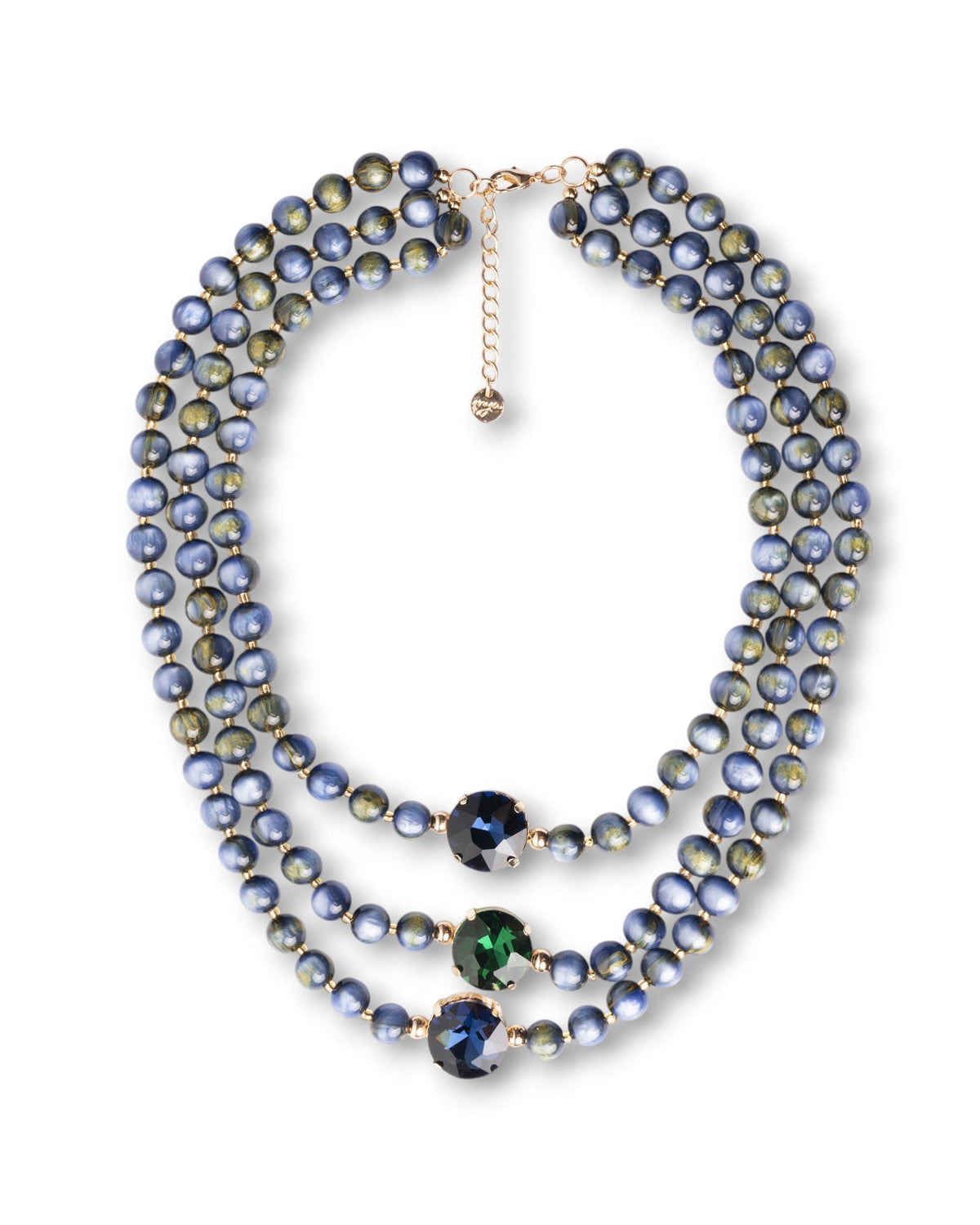 Collana a tre fili con sfere in acrilico e pietre in vetro tono blu e verde - Mya Accessories