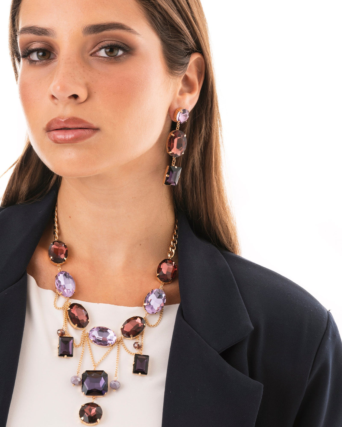 Collana girocollo a catena con pietre in vetro pendenti tono viola - Mya Accessories