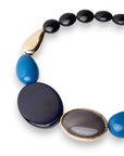Collana girocollo con pietre in resina nere ed inserti in acrilico tono blu e grigio