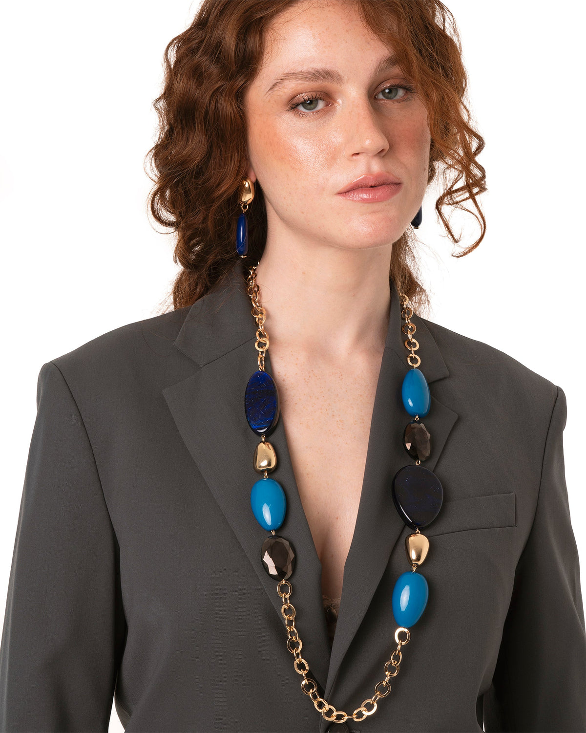 Collana lunga a catena con inserti in acrilico e vetro tono blu e grigio - Mya Accessories