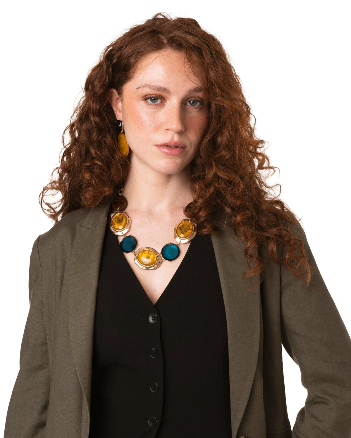 Collana girocollo a catena con pietre in acrilico tono marrone, ocra e azzurro - Mya Accessories