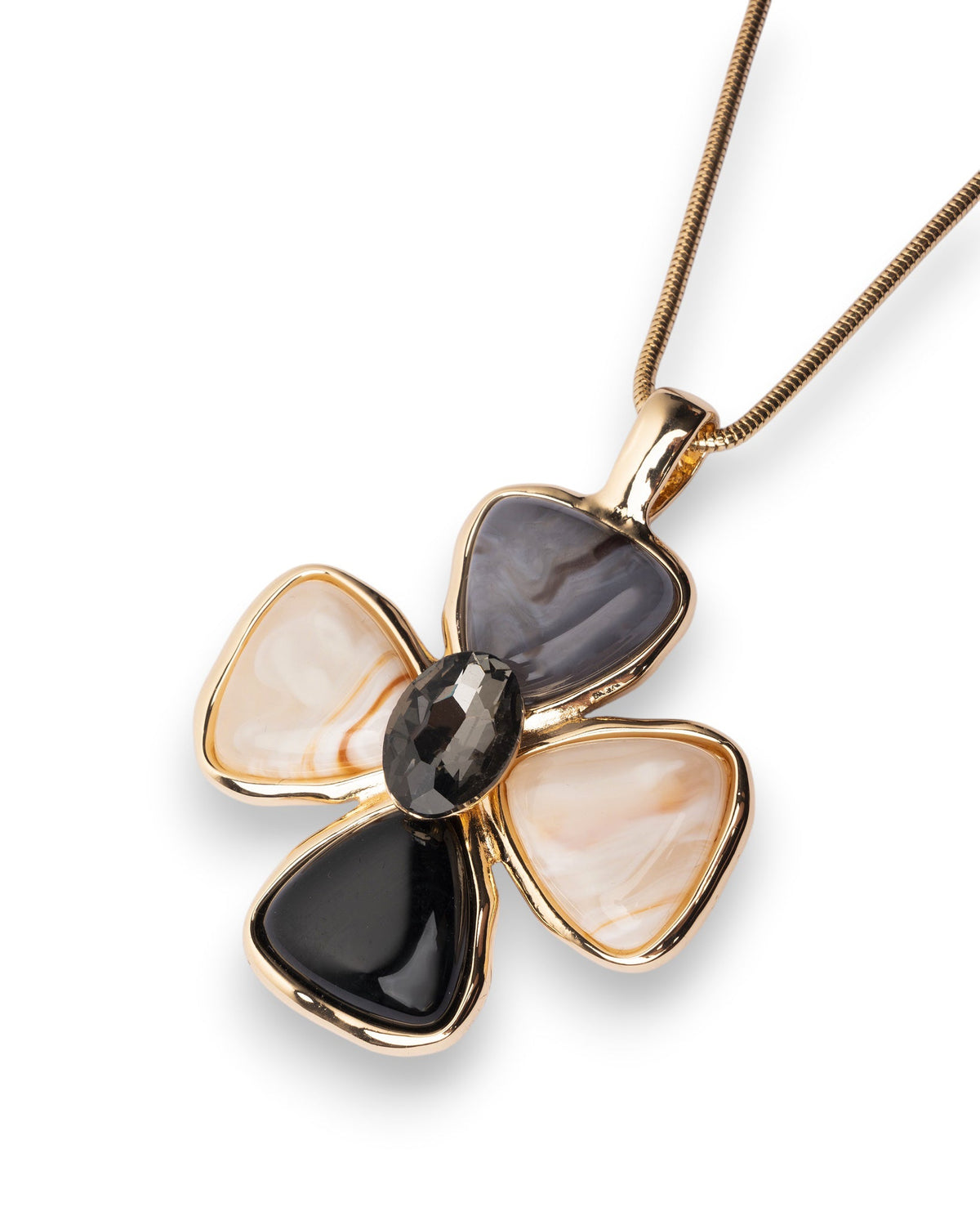 Collana lunga con catena snake e pendente a fiore in resina nei toni nero e beige - Mya Accessories