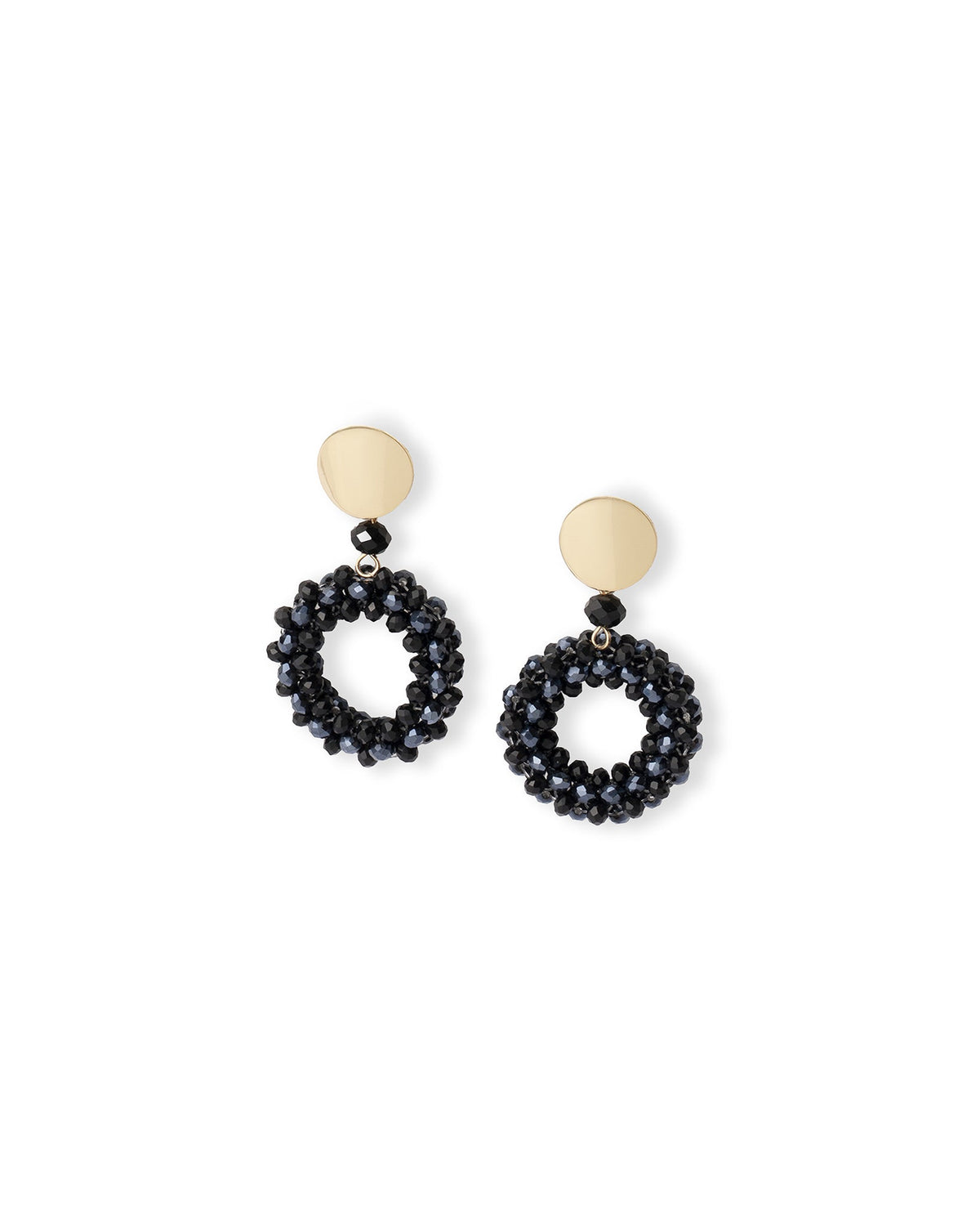 Orecchini pendenti in metallo base circolare con pietre in vetro nere e blu - Mya Accessories