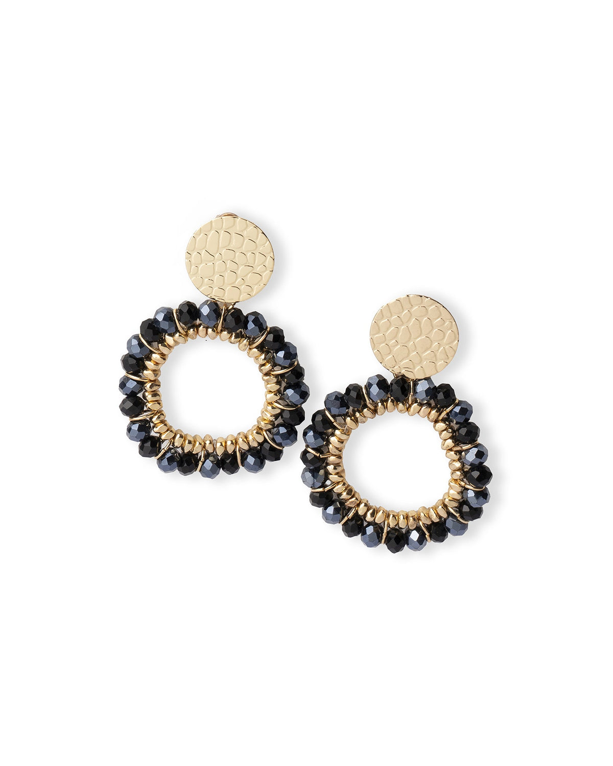 Orecchini pendenti in metallo base circolare con pietre in vetro nere e blu - Mya Accessories