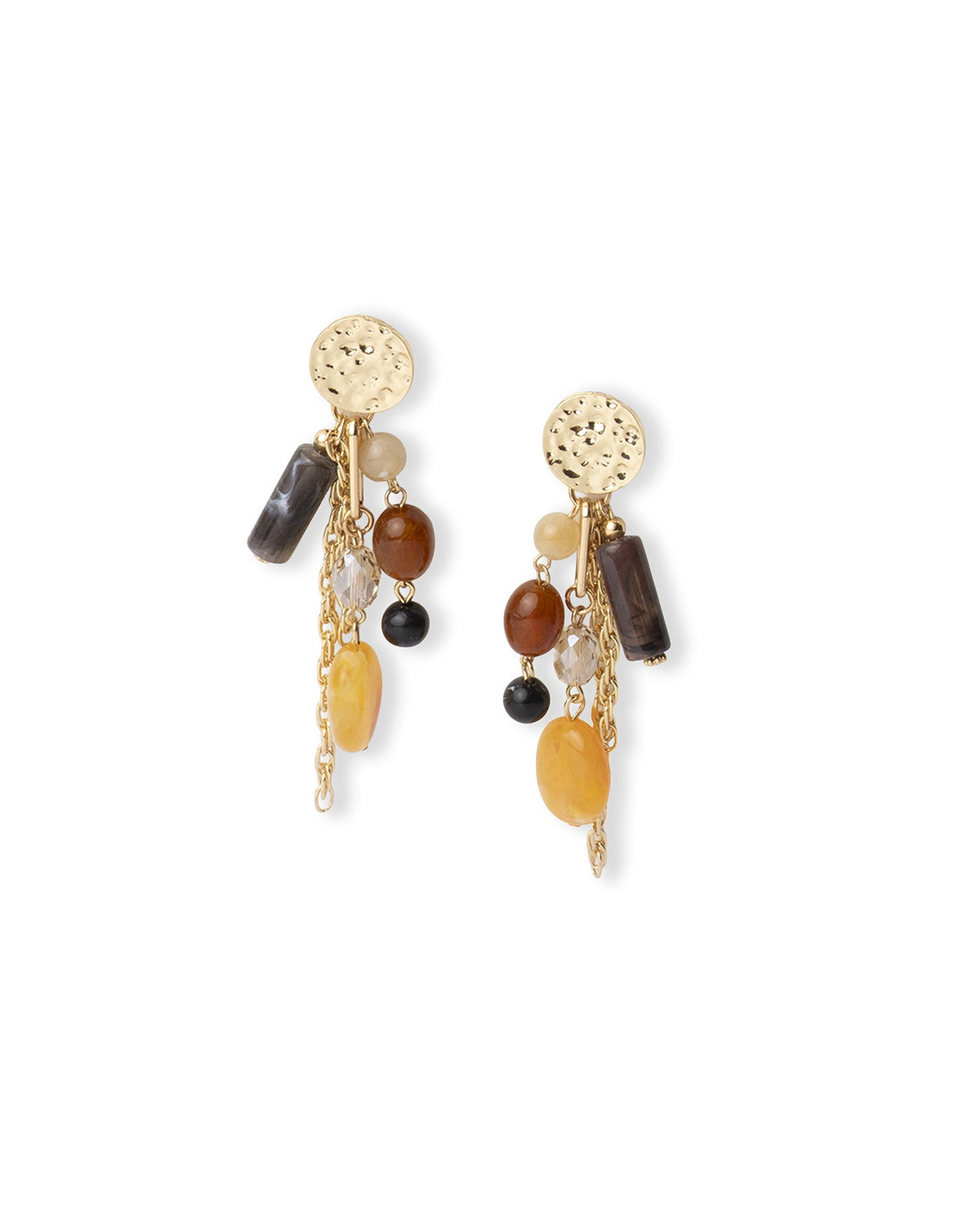 Orecchini pendenti con fili in metallo, mix di pietre vetro ed acrilico tono nero e giallo - Mya Accessories