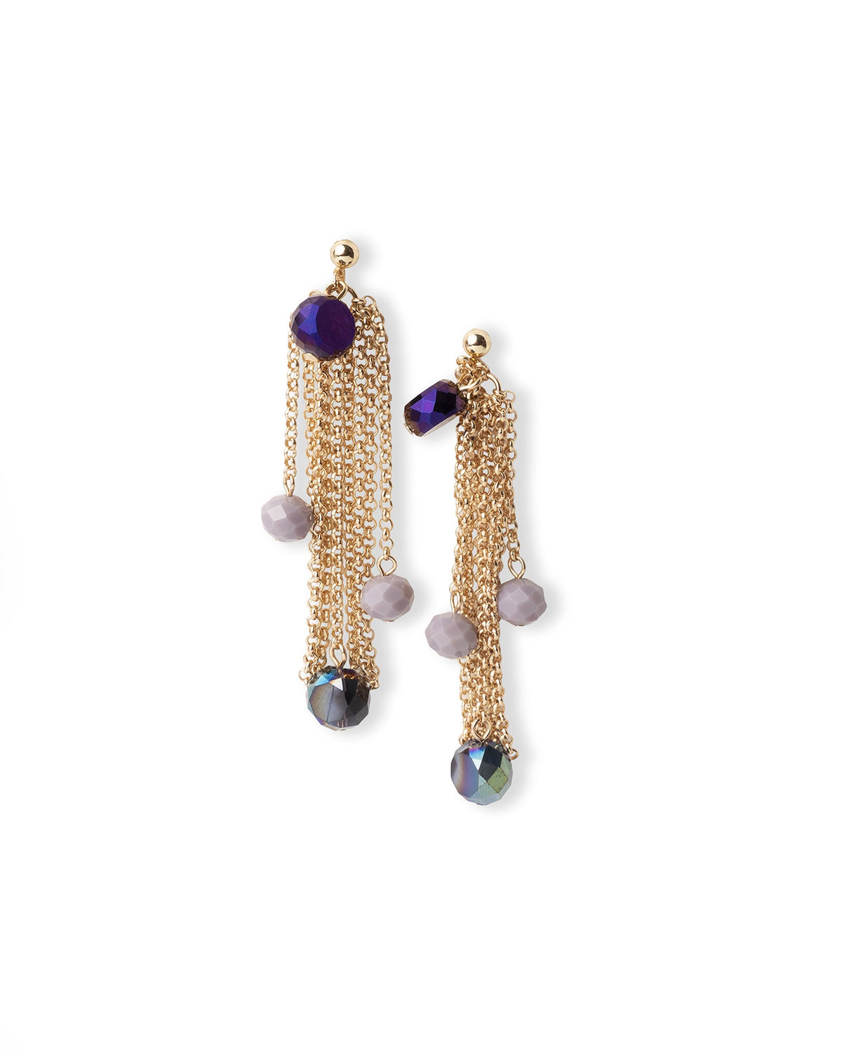 Orecchini pendenti con fili di catene e pietre in vetro viola - Mya Accessories