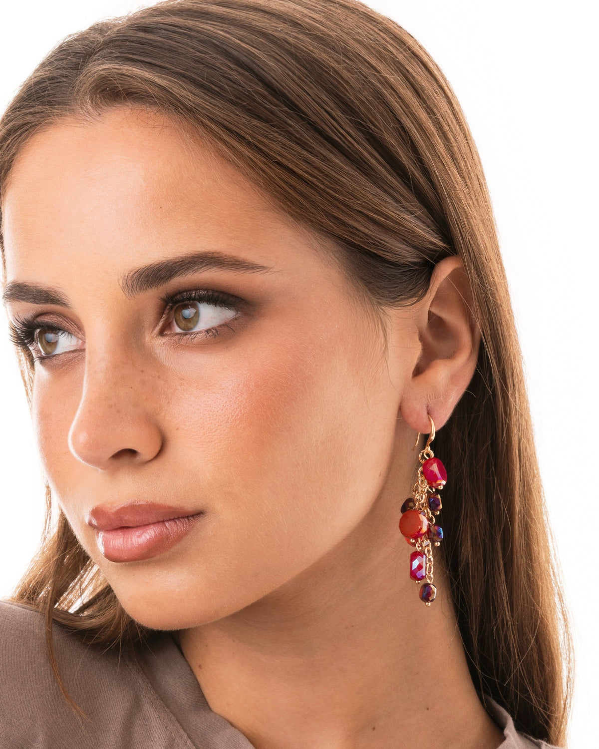 Orecchini pendenti con pietre in vetro tono viola e rosso - Mya Accessories