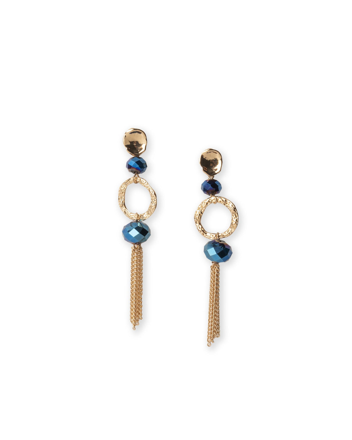Orecchini pendenti con pietra in vetro blu e frange a catena - Mya Accessories