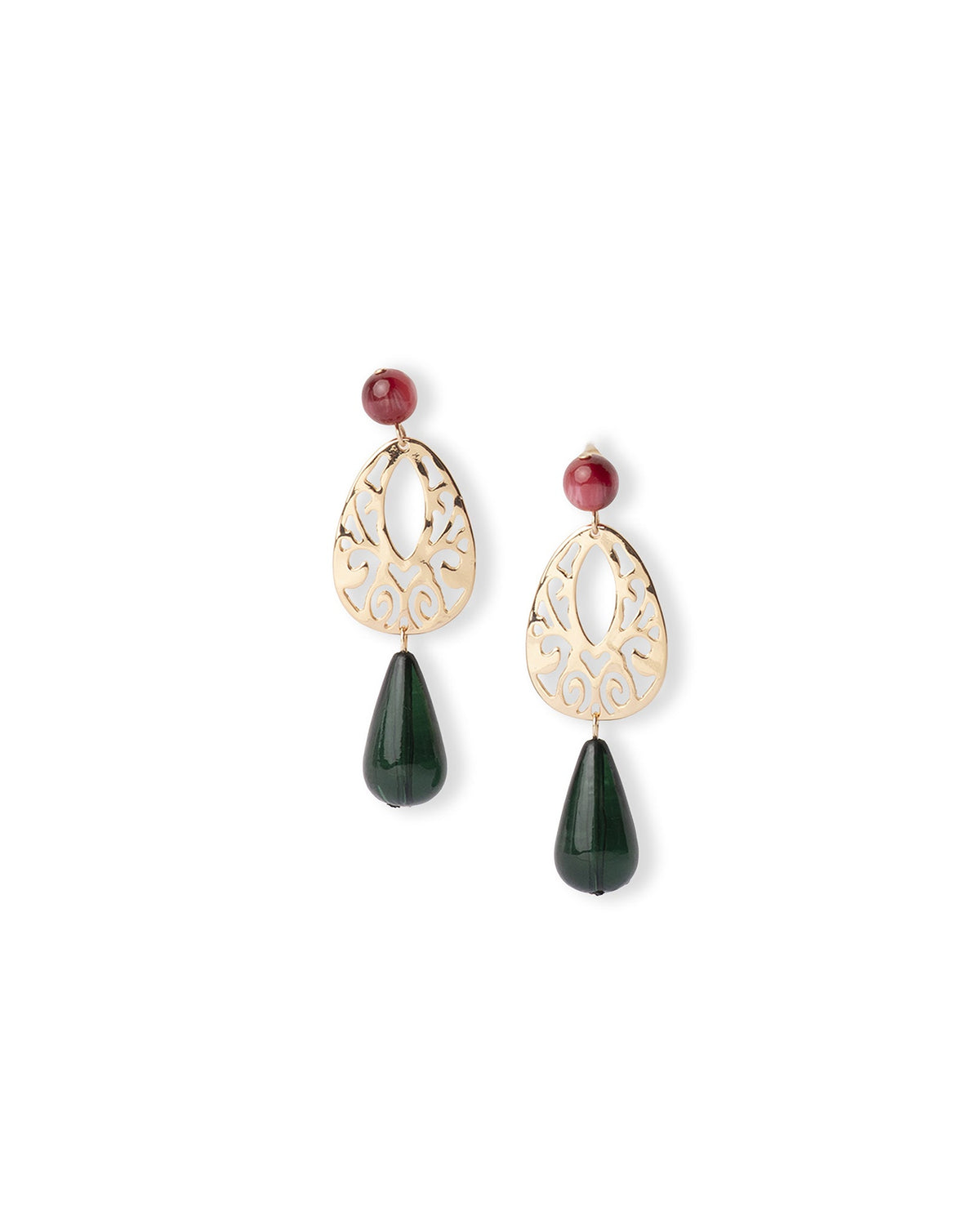 Orecchini pendenti in ottone con pietre in acrilico verde e rossa - Mya Accessories