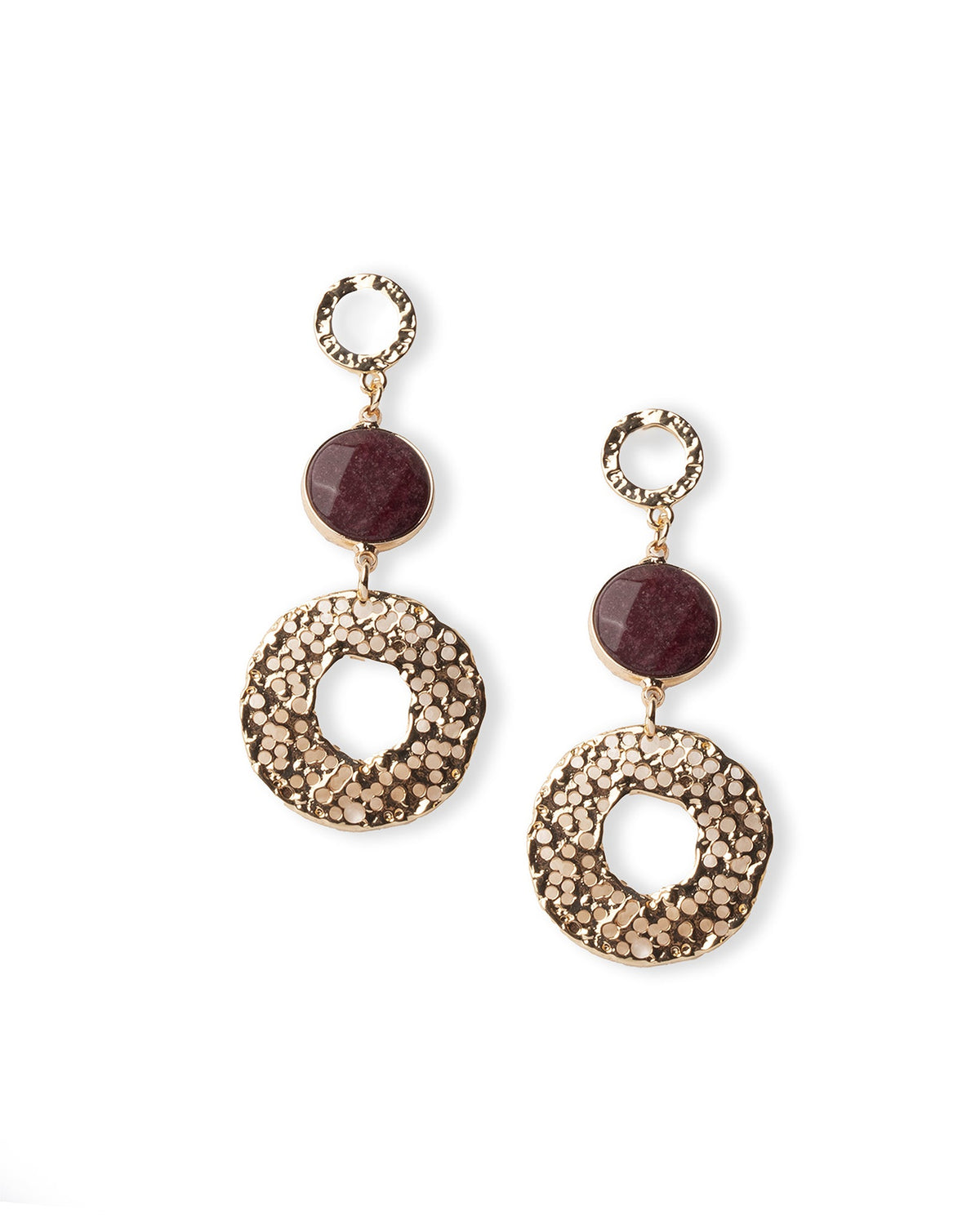 Orecchini pendenti in metallo con design circolare e pietra dura magenta - Mya Accessories