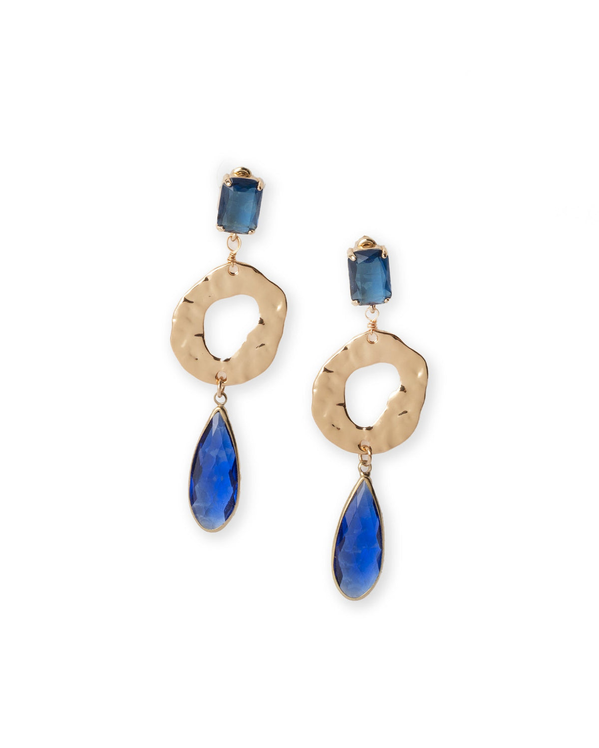 Orecchini pendenti in metallo martellato con pietre in vetro tono blu - Mya Accessories