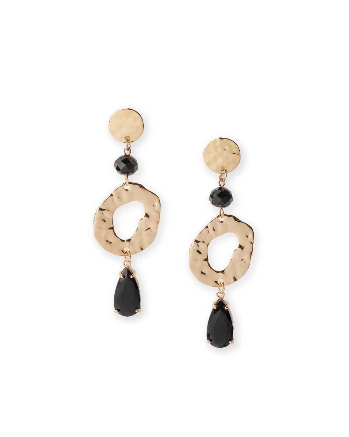Orecchini pendenti in metallo martellato con pietre in vetro nero - Mya Accessories