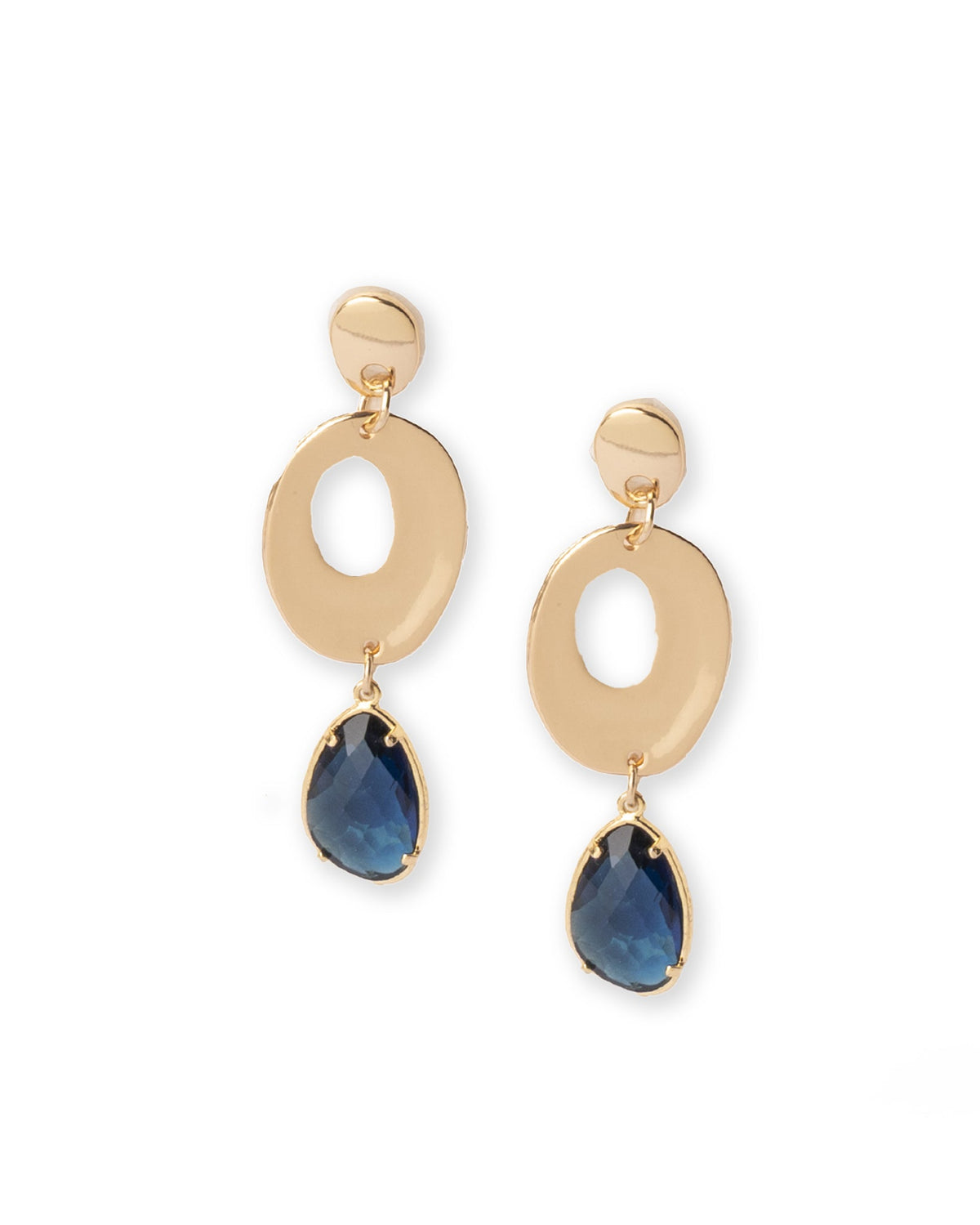 Orecchini pendenti in metallo lucido ovale con pietra in vetro azzurra - Mya Accessories