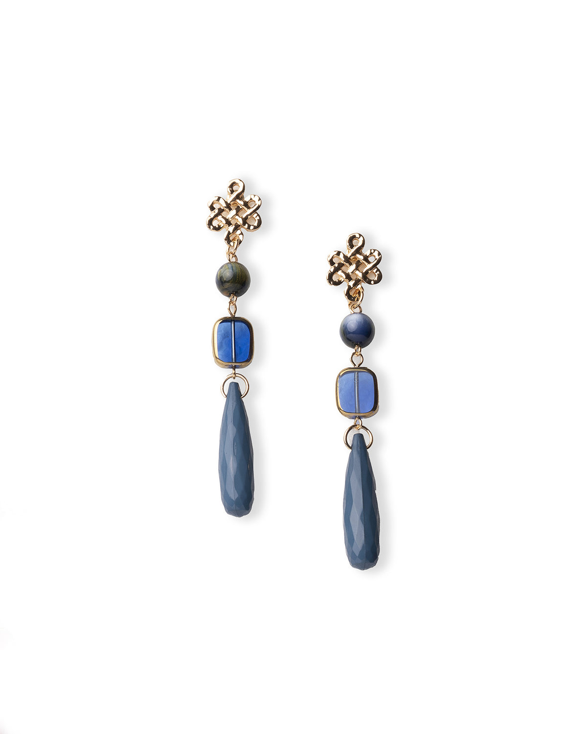 Orecchini lunghi pendenti con pietra in vetro e goccia in acrilico indaco - Mya Accessories