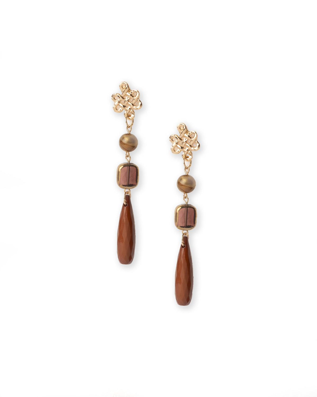 Orecchini lunghi pendenti con pietra in vetro e goccia in acrilico marrone - Mya Accessories